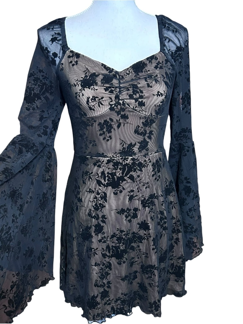 Shein A-Line Mini Dress Womens S Black Sweetheart Whimsigoth Fairy Bell Sleeves